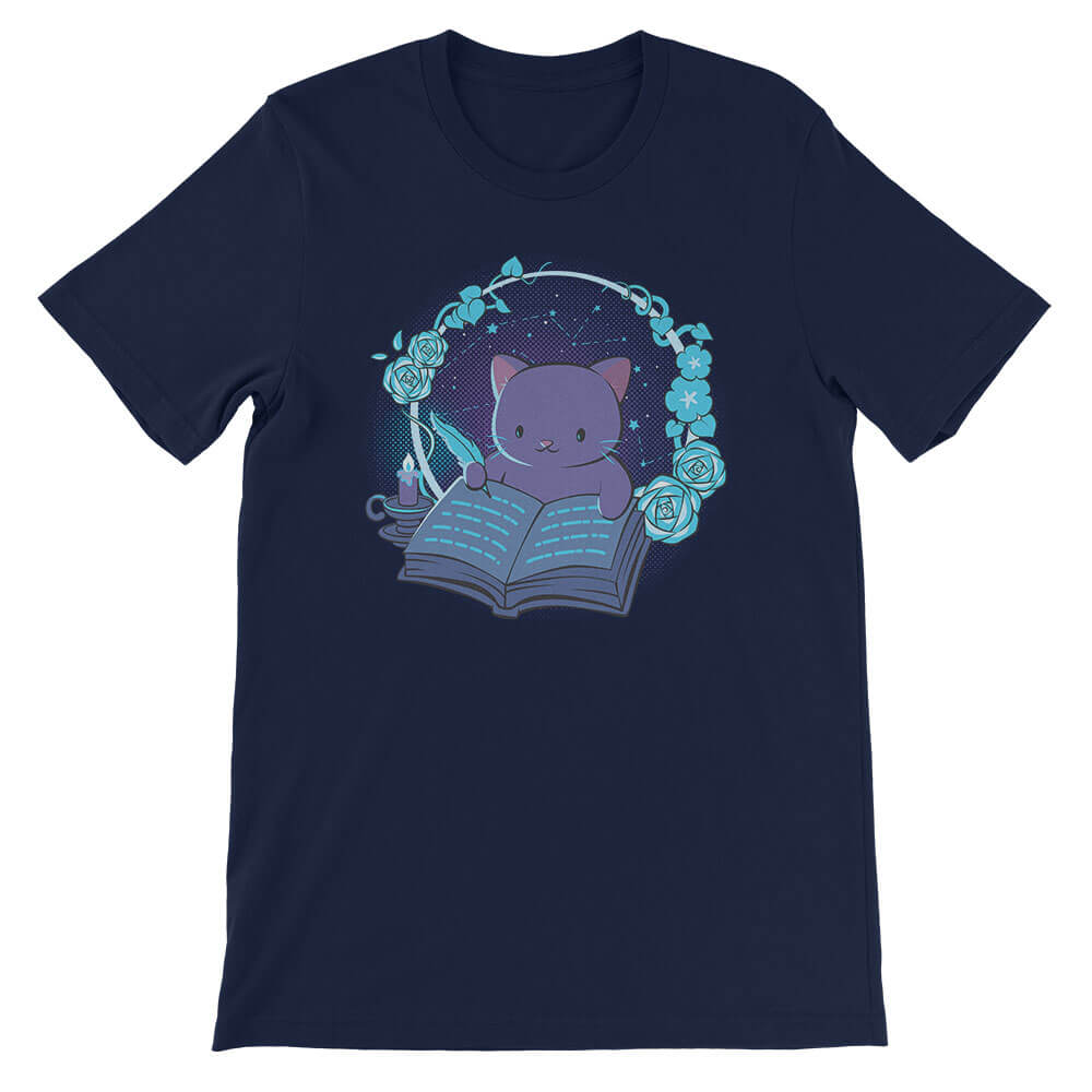 Cute Writing Cat Kawaii T-shirt for Writers - Navy