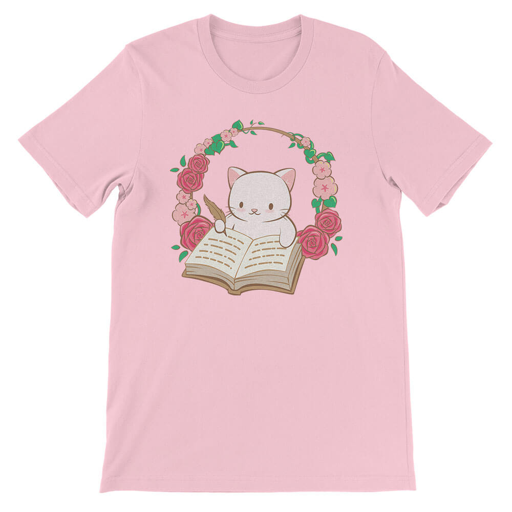Cute Writing Cat Kawaii T-shirt for Writers Pink