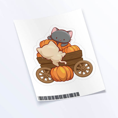 Cute Cats on Pumpkin Cart for Fall Kawaii Sticker Sheet