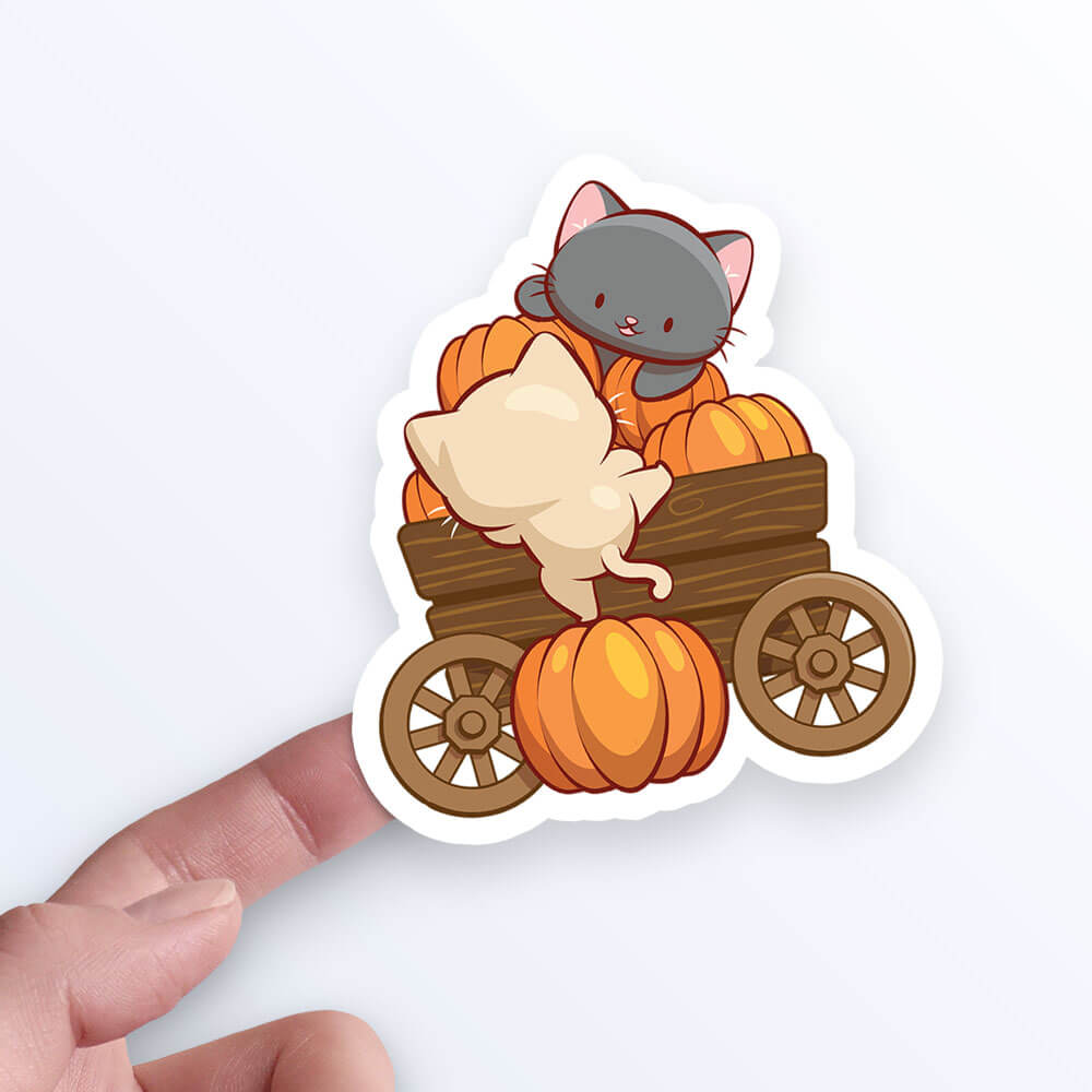Cute Cats on Pumpkin Cart for Fall Kawaii Sticker on hand