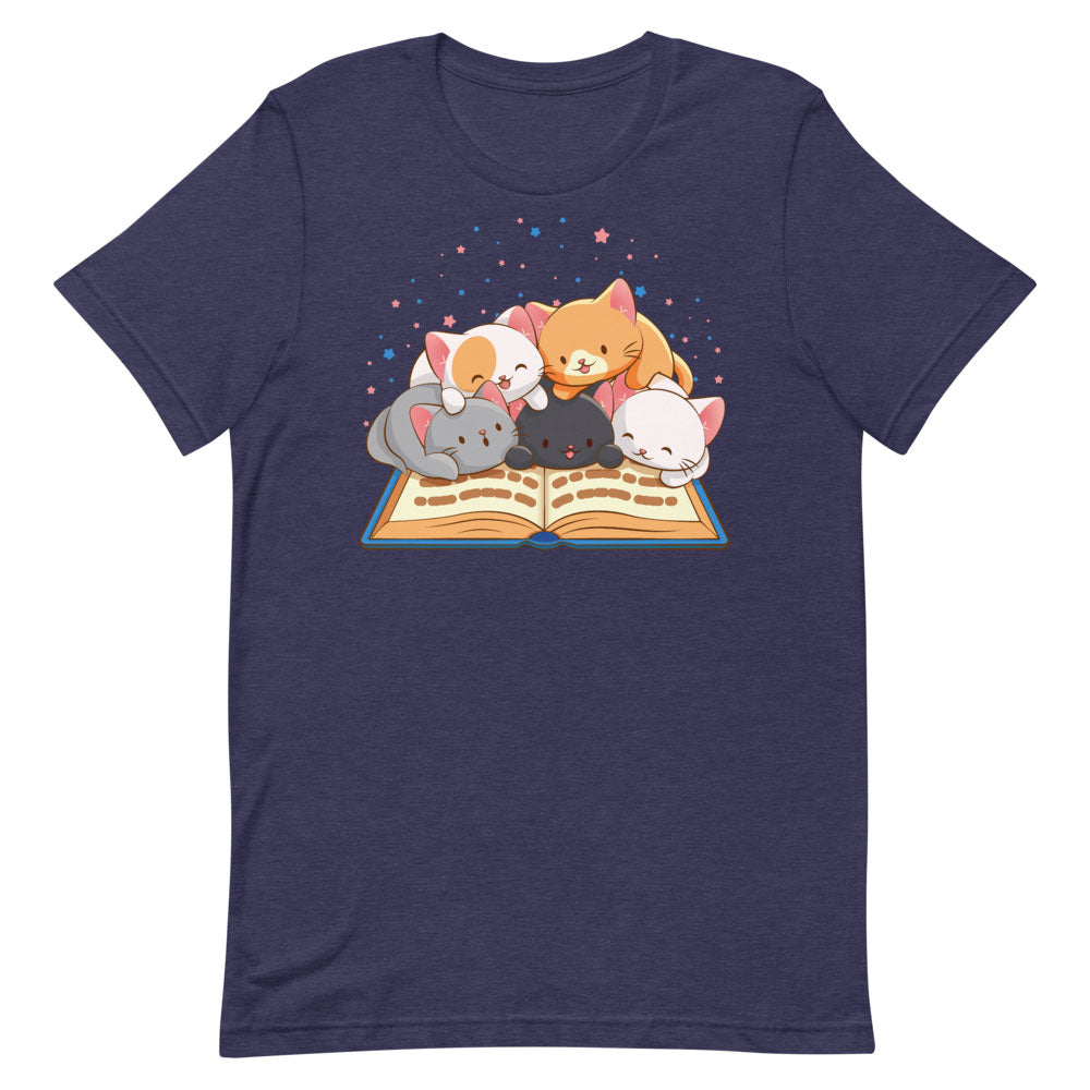 Cute Kawaii Cats Reading T-shirt for Readers and Book Lovers S / Heather Midnight Navy