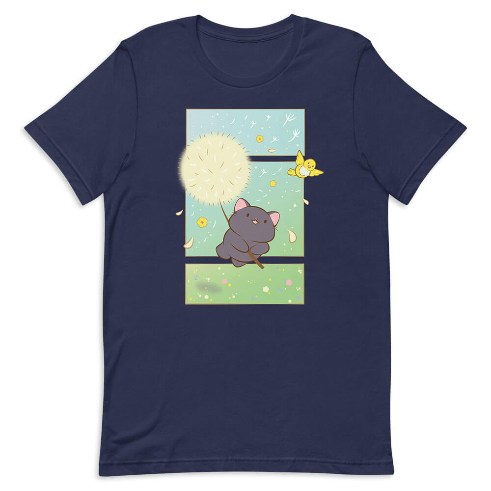 Dandelion Flight Black Cat Kawaii T-shirt Navy
