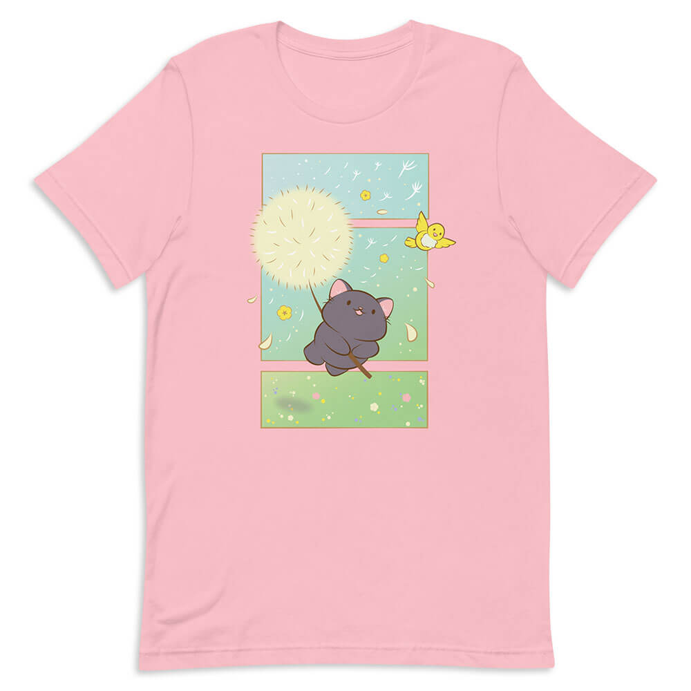Dandelion Flight Black Cat Kawaii T-shirt Pink