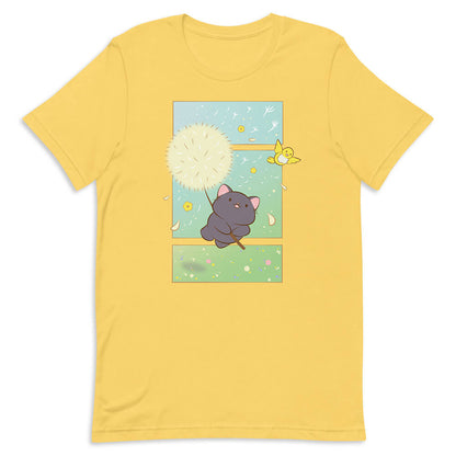 Dandelion Flight Black Cat Kawaii T-shirt Yellow
