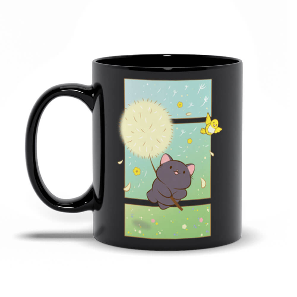 Dandelion Flight Kawaii Cat Cute Mug, black 11oz