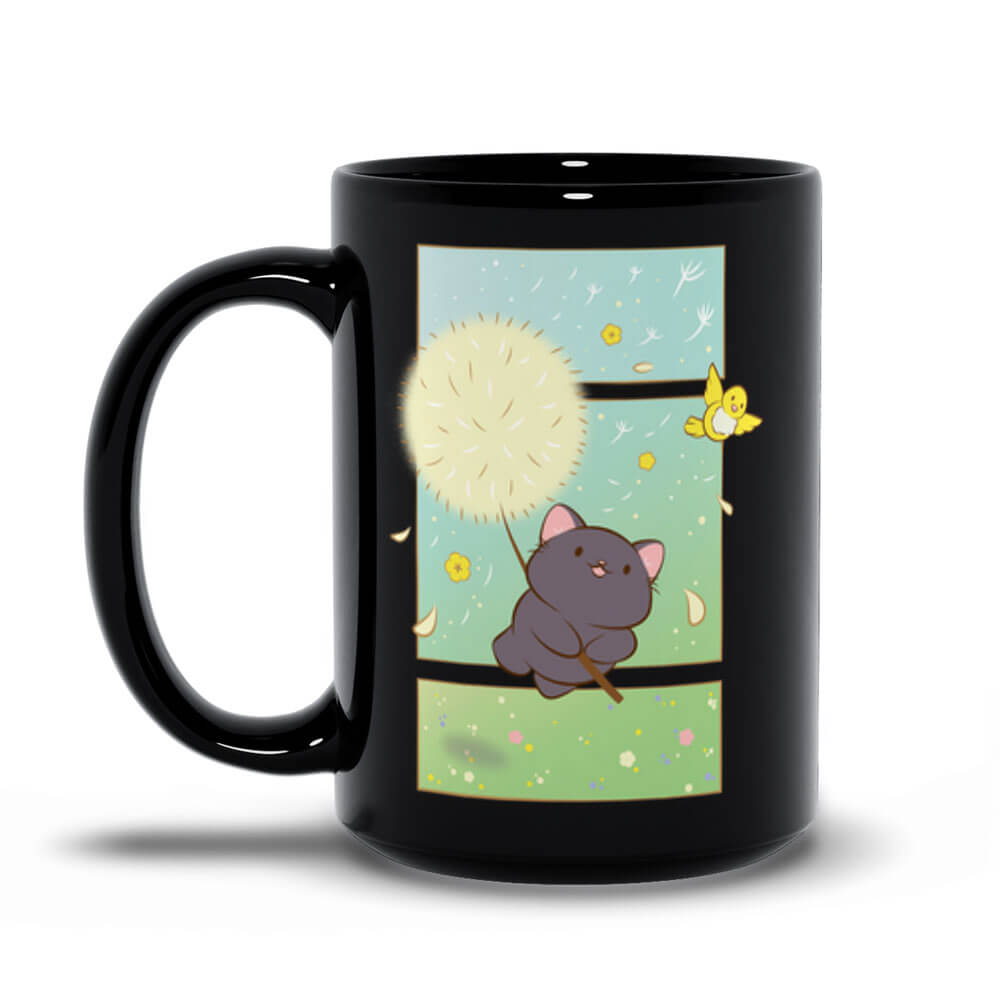 Dandelion Flight Kawaii Cat Cute Mug, black 15oz