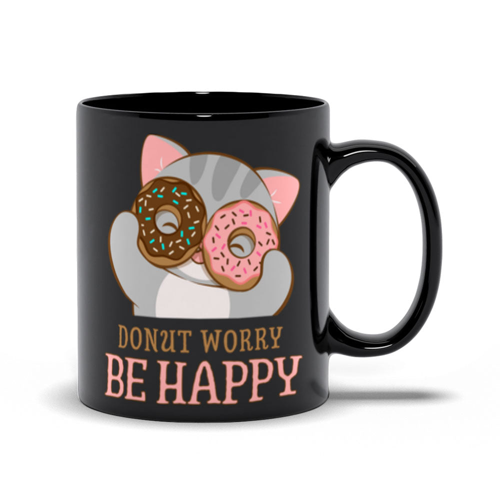 Donut Worry Be Happy Cute Cat Kawaii Mug 11 oz / Black