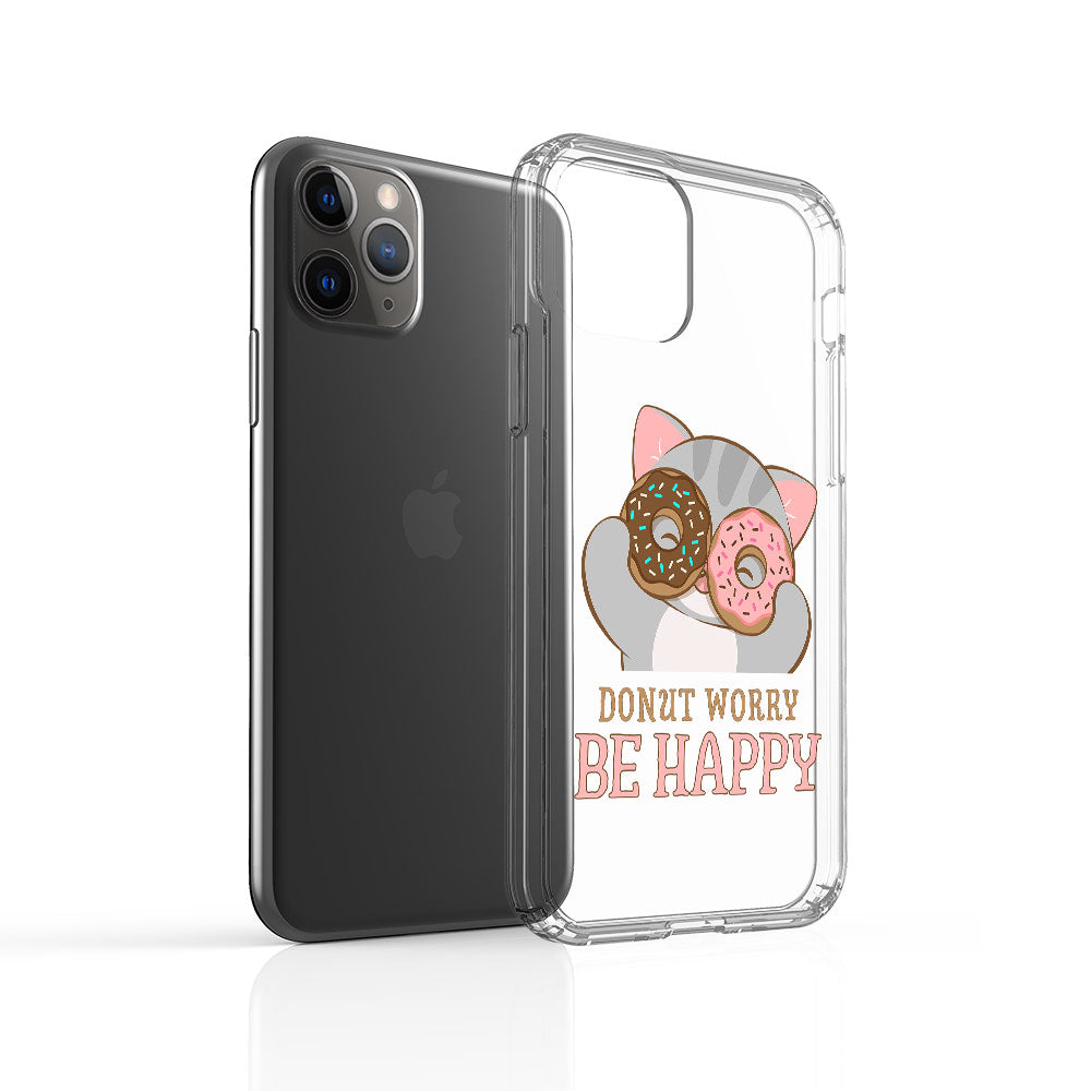 Donut Worry Be Happy Kawaii Cat Phone Case - Clear Aesthetic