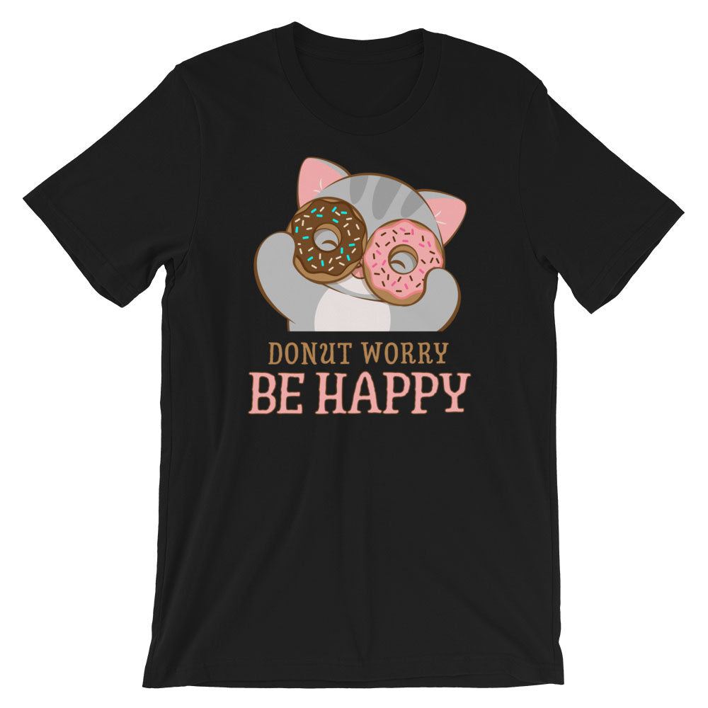 Donut Worry Be Happy Kawaii Cat T-Shirt S / Black