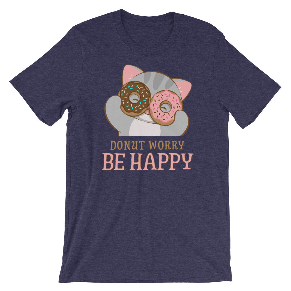 Donut Worry Be Happy Kawaii Cat T-Shirt S / Heather Midnight Navy