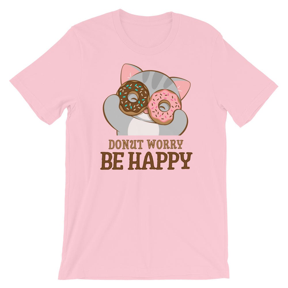 Donut Worry Be Happy Kawaii Cat T-Shirt S / Pink