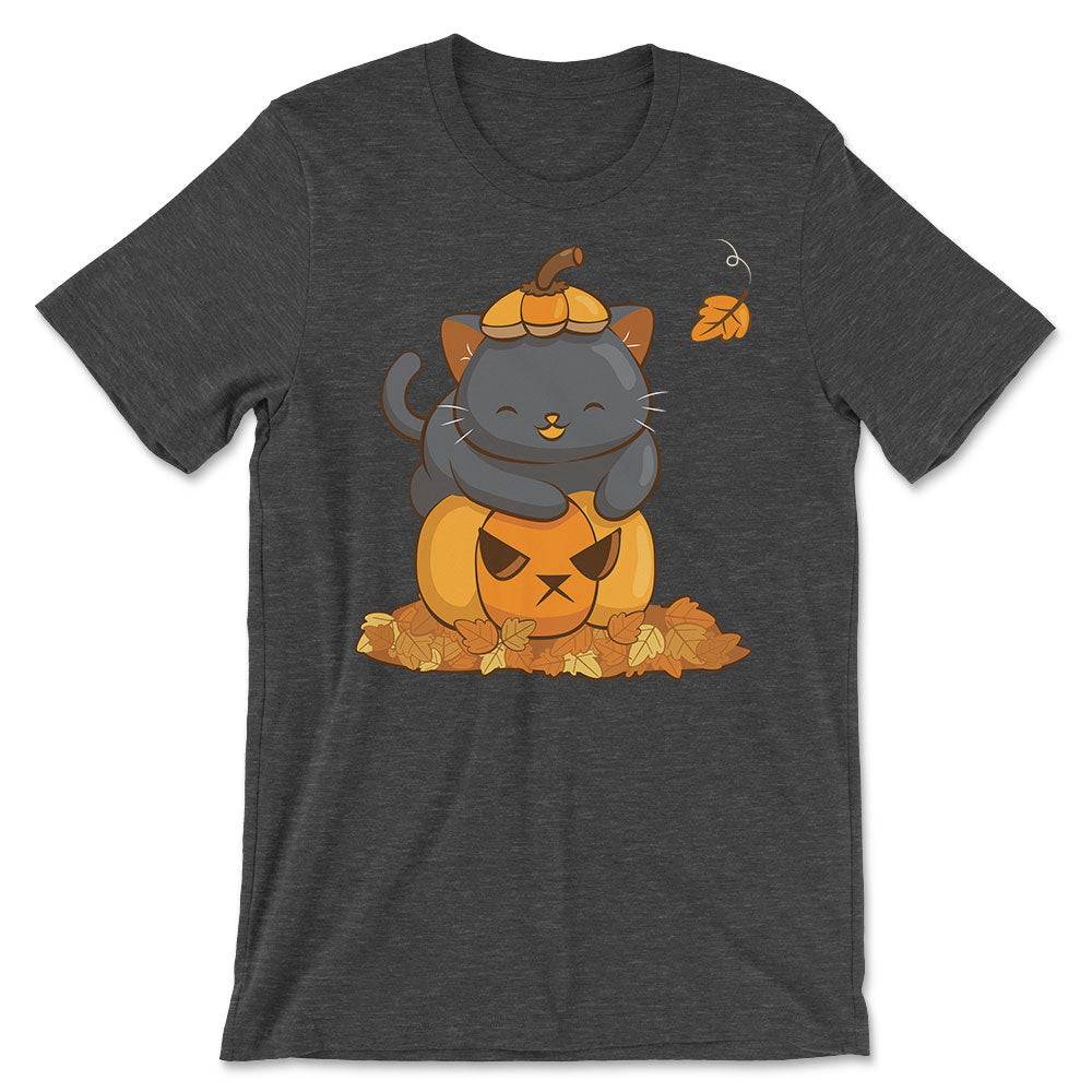 Halloween Black Cat on Pumpkin Fall Shirt - Dark Grey Heather