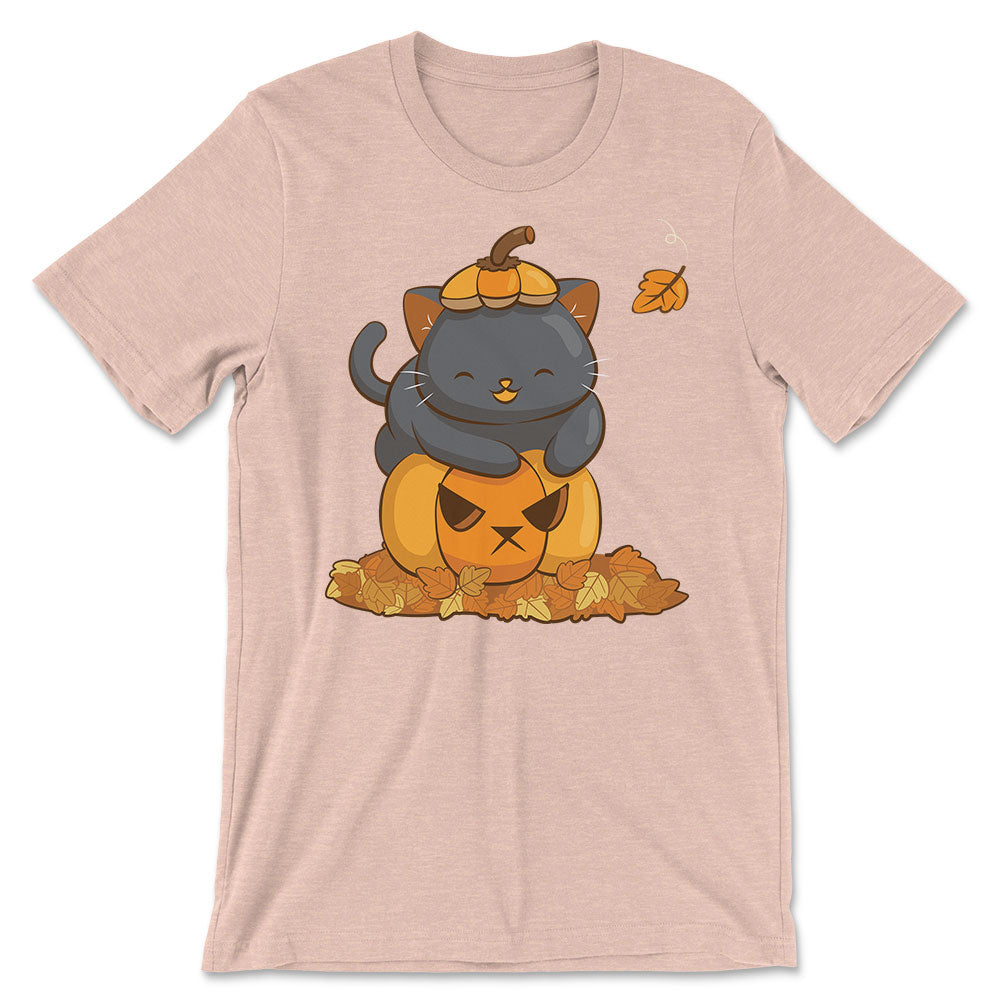 Halloween Black Cat on Pumpkin Fall Shirt - Heather Peach