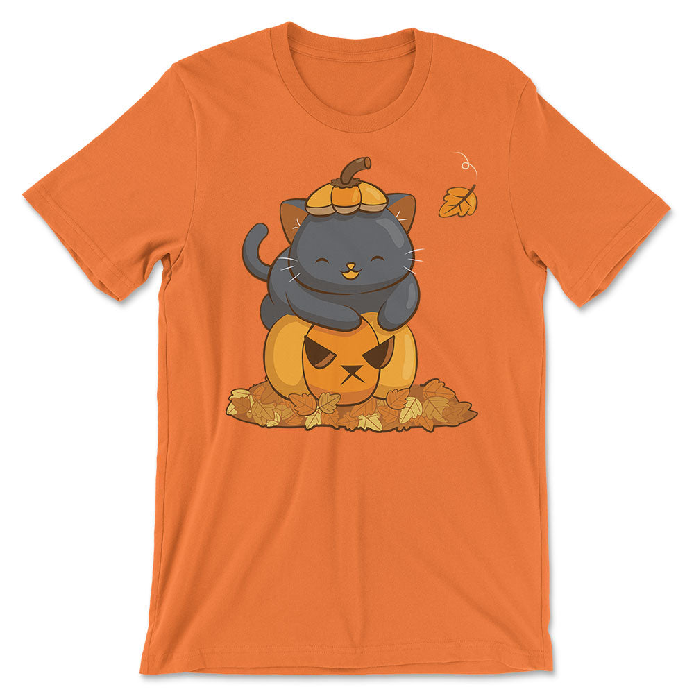 Halloween Black Cat on Pumpkin Fall Shirt - Orange