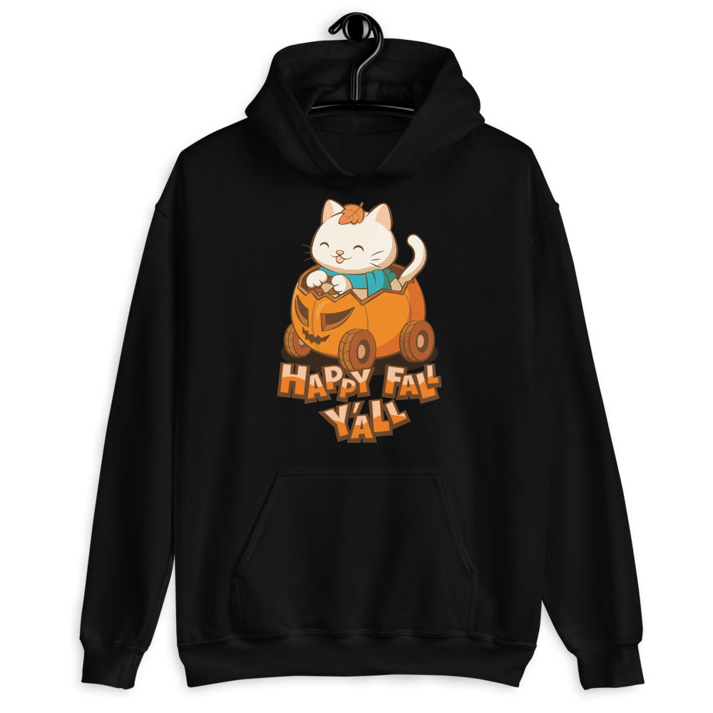 Happy Fall Y'all Cute Cat Pumpkin Ride Kawaii Hoodie - black