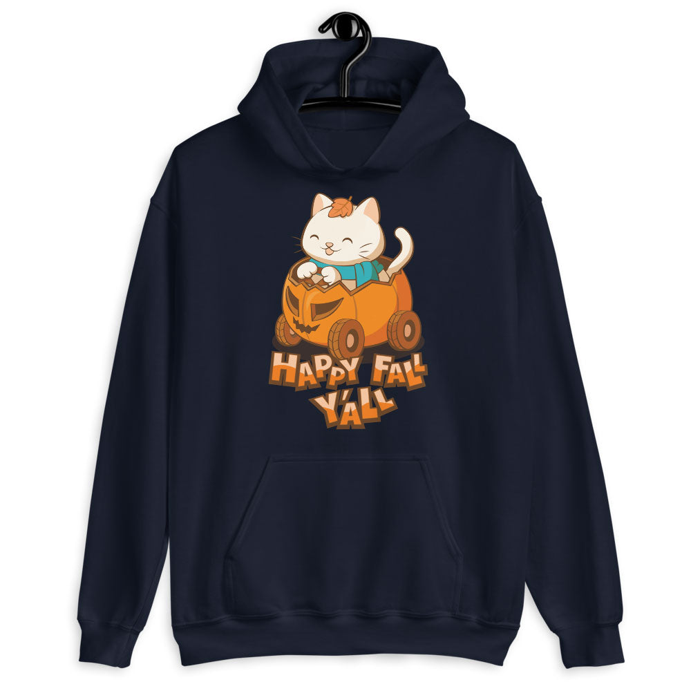 Happy Fall Y'all Cute Cat Pumpkin Ride Kawaii Hoodie - navy