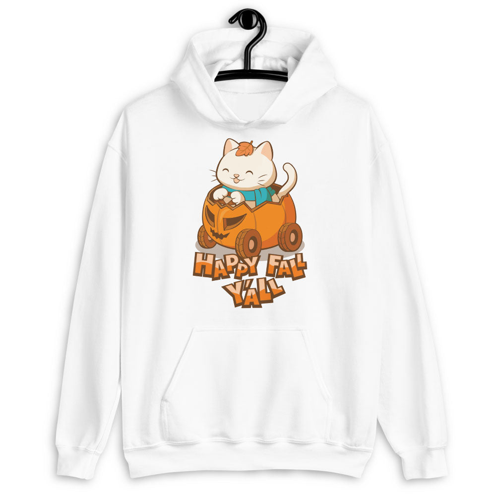 Happy Fall Y'all Cute Cat Pumpkin Ride Kawaii Hoodie - white