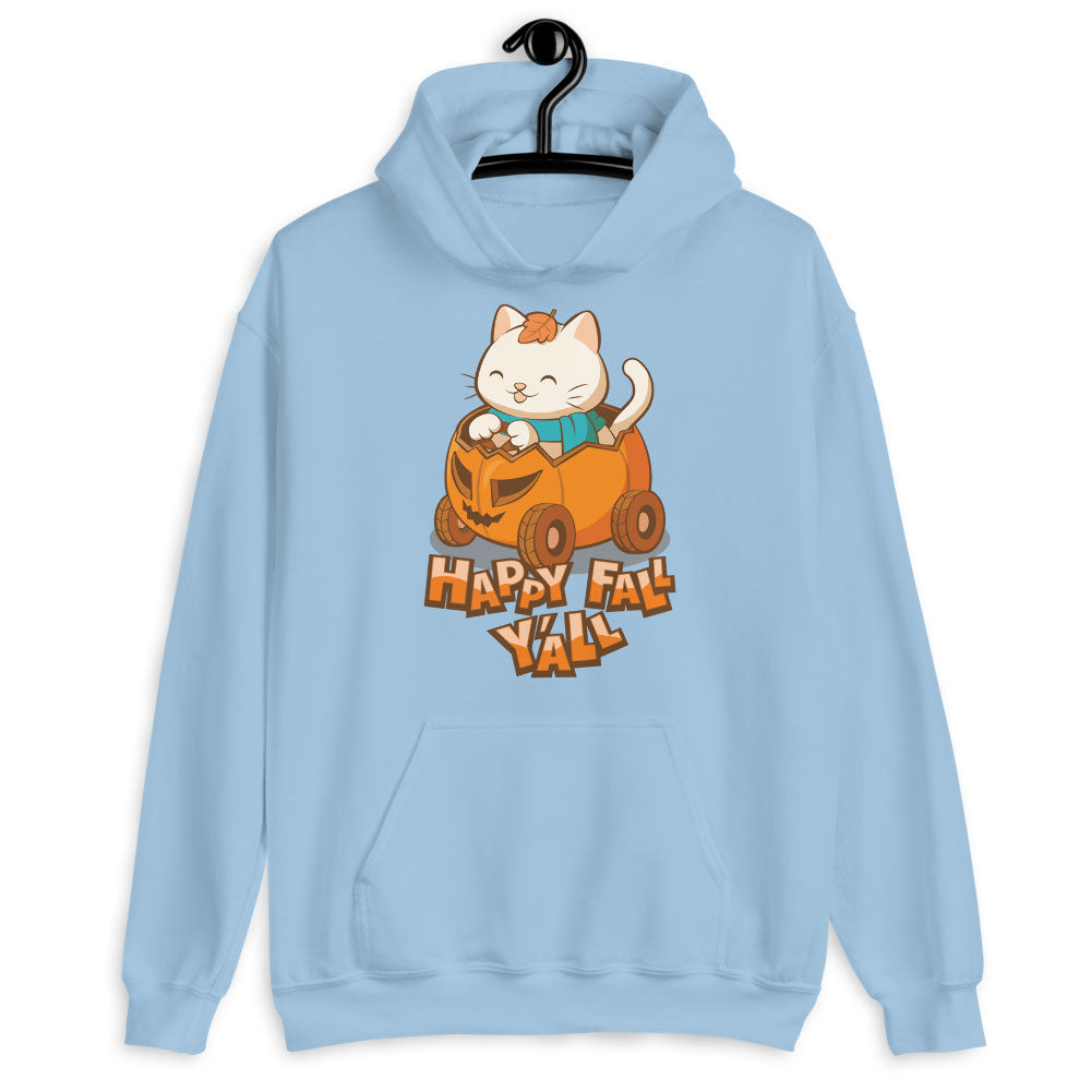 Happy Fall Y'all Cute Cat Pumpkin Ride Kawaii Hoodie - Blue