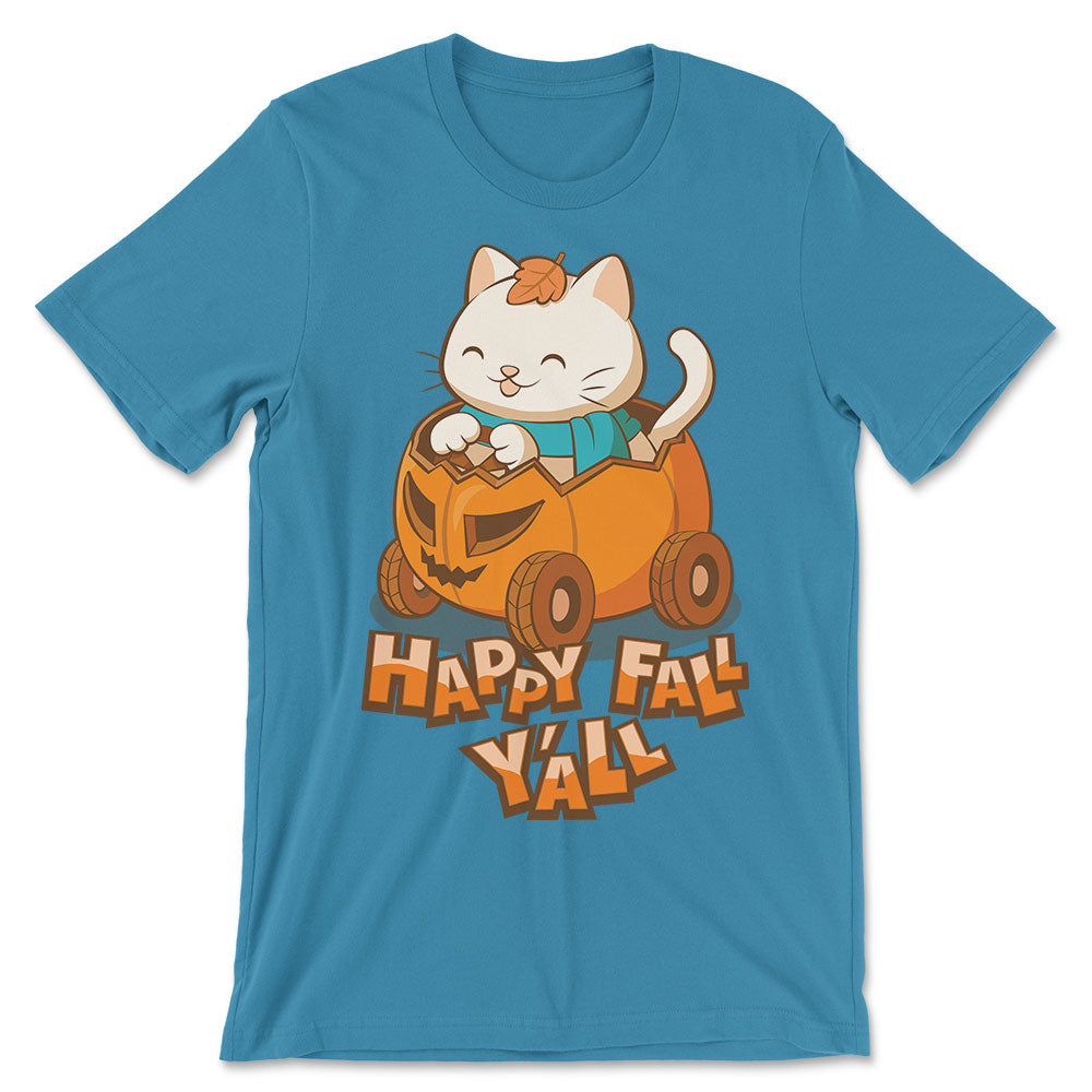 Happy Fall Y'all Halloween Pumpkin Cat Kawaii T-Shirt - Aqua