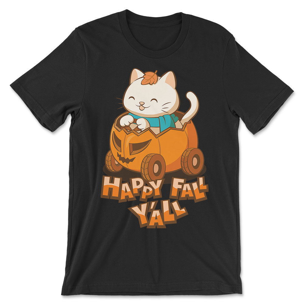 Happy Fall Y'all Halloween Pumpkin Cat Kawaii T-Shirt - Black