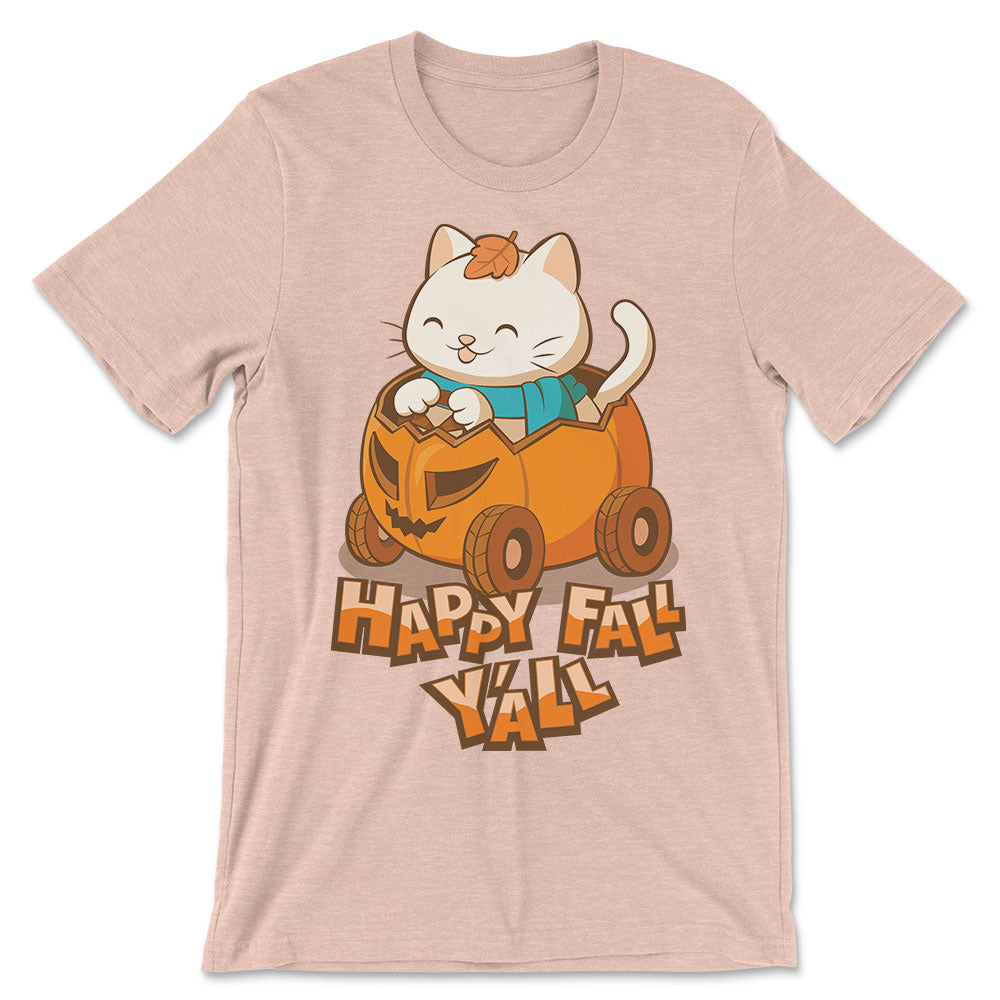 Happy Fall Y'all Halloween Pumpkin Cat Kawaii T-Shirt - Heather Peach