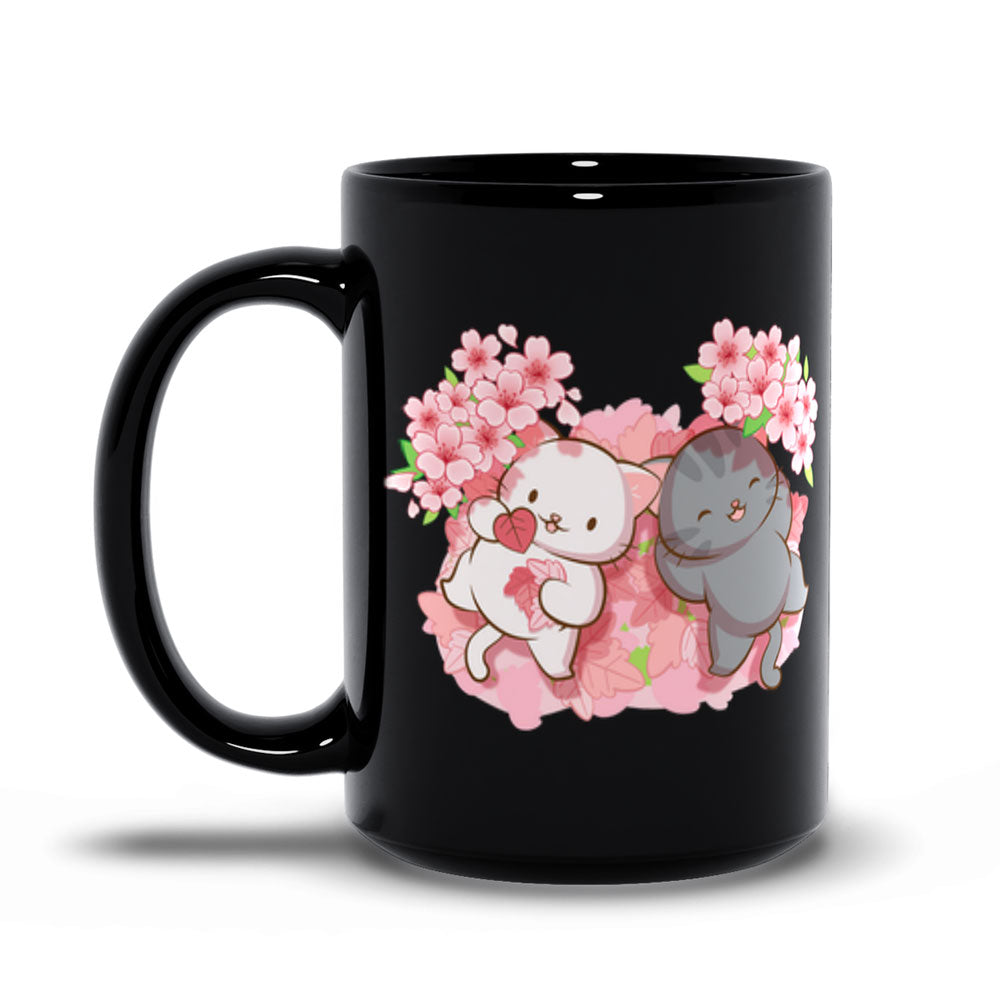 Japanese Sakura and Kawaii Cats Cute Coffee Mug - 15oz black