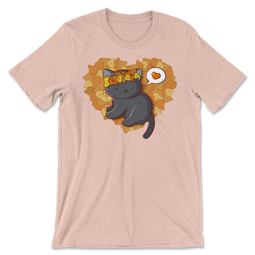 Kawaii Black Cat Autumn Leaves Fall Shirt - Heather Peach