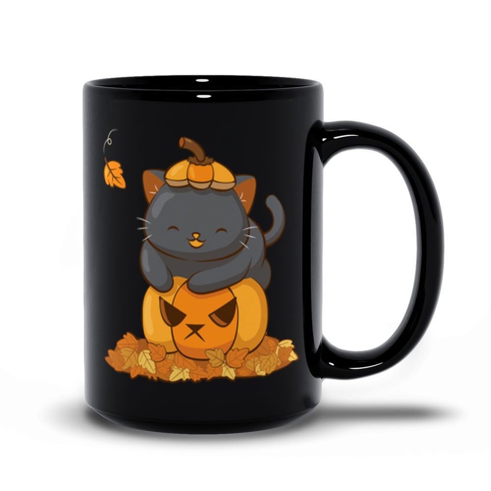 Kawaii Black Cat Pumpkin Cute Fall Mug - Black 15oz