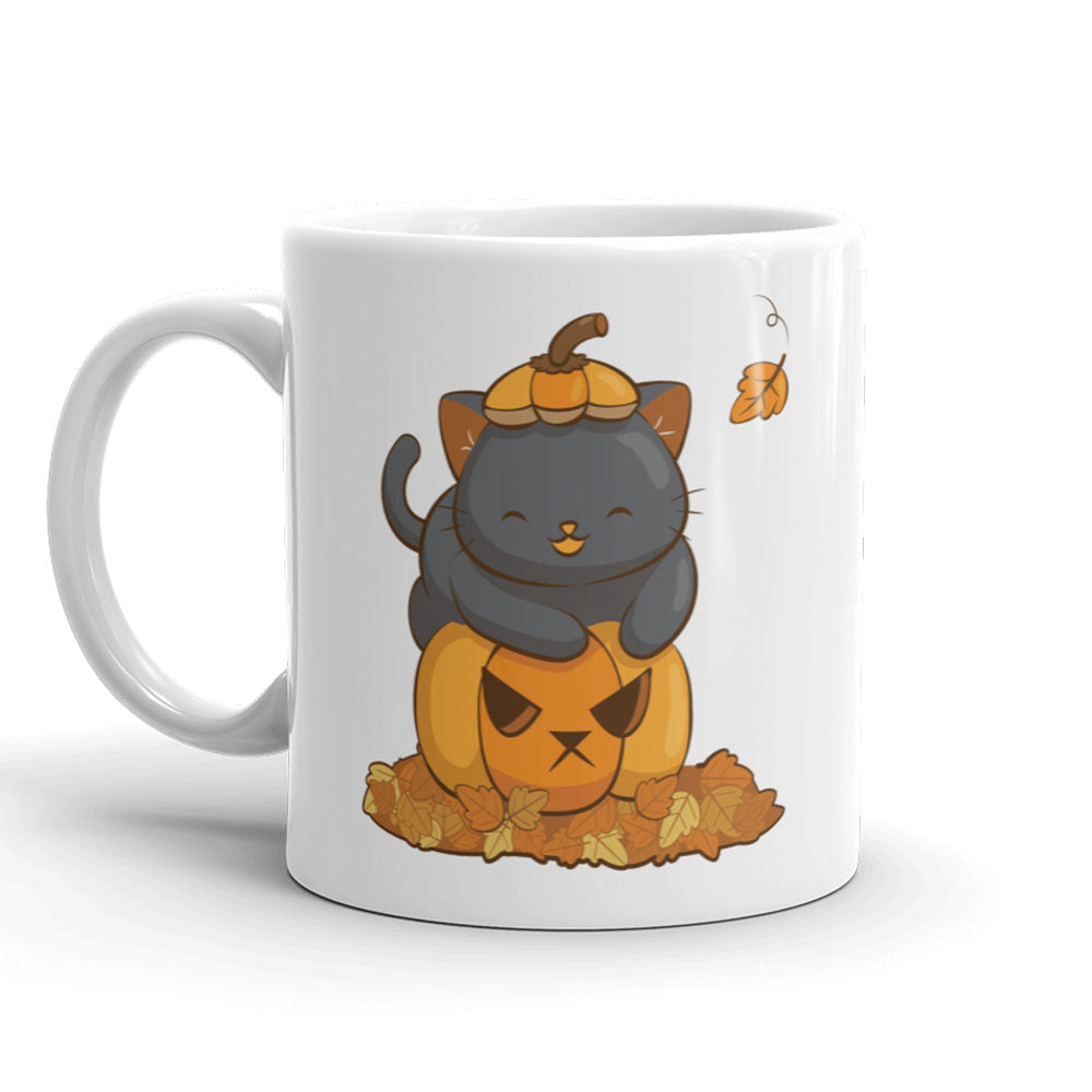 Kawaii Black Cat Pumpkin Cute Fall Mug - White 11 oz