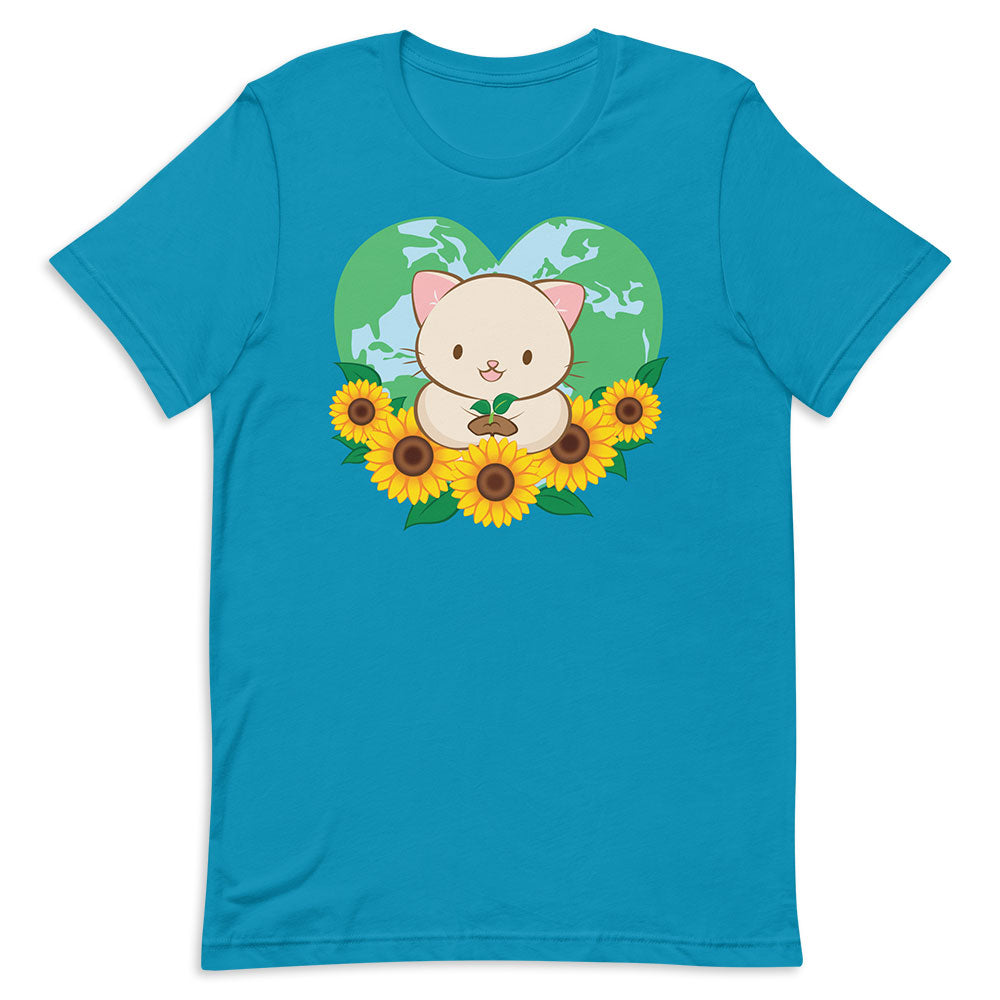 Kawaii Cat Earth Day T-shirt Aqua