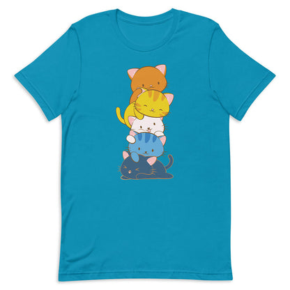 Kawaii Cat Pile Aroace Pride T-Shirt - Aqua