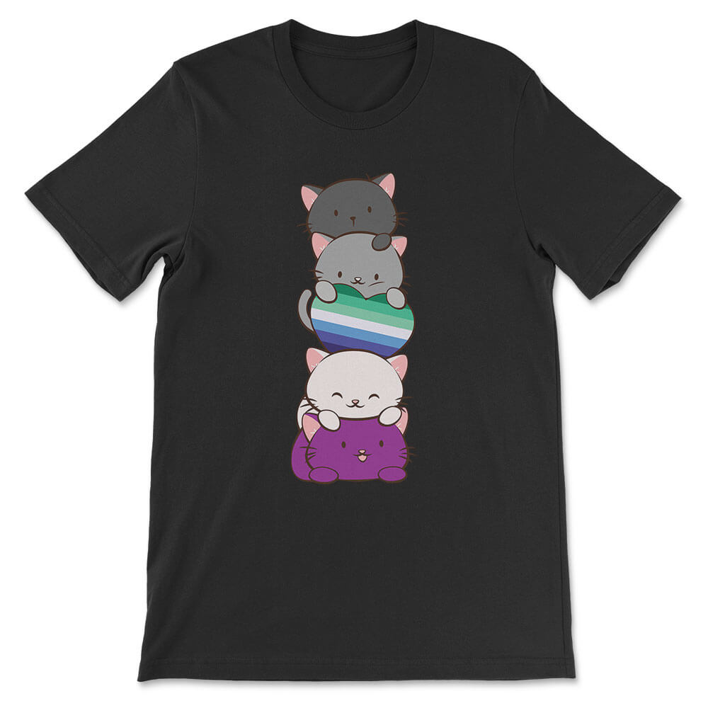 Kawaii Cat Pile Asexual MLM Pride T-Shirt  - black