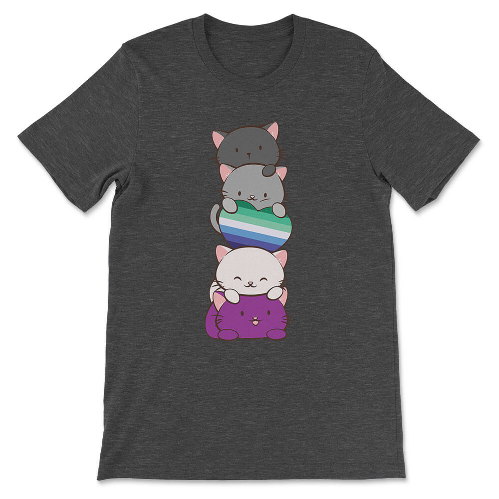 Kawaii Cat Pile Asexual MLM Pride T-Shirt - Dark grey heather