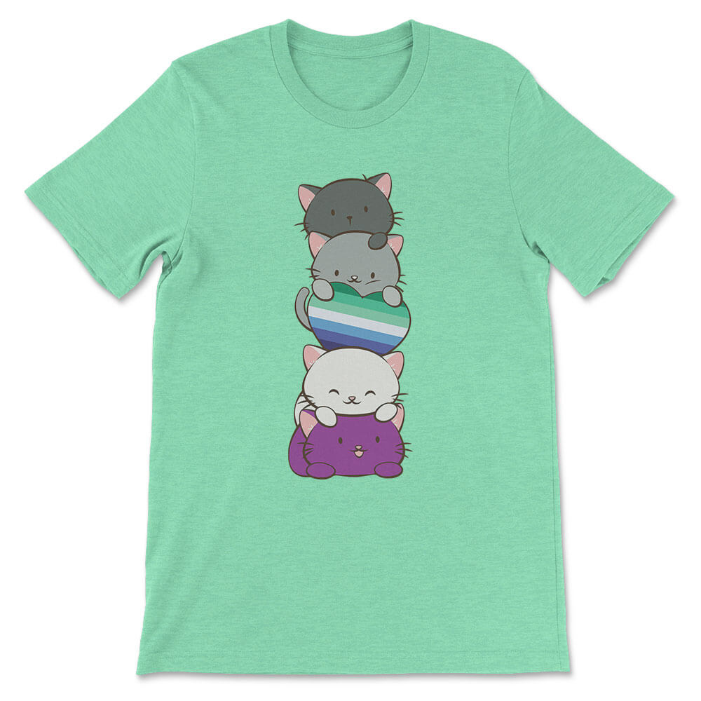 Kawaii Cat Pile Asexual MLM Pride T-Shirt - Heather Mint