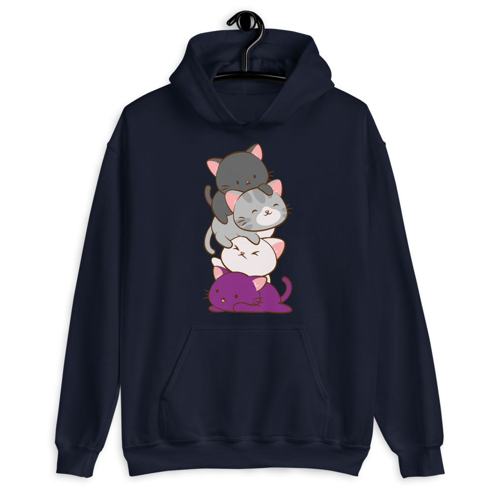 Kawaii Cat Pile Asexual Pride Hoodie Navy / S