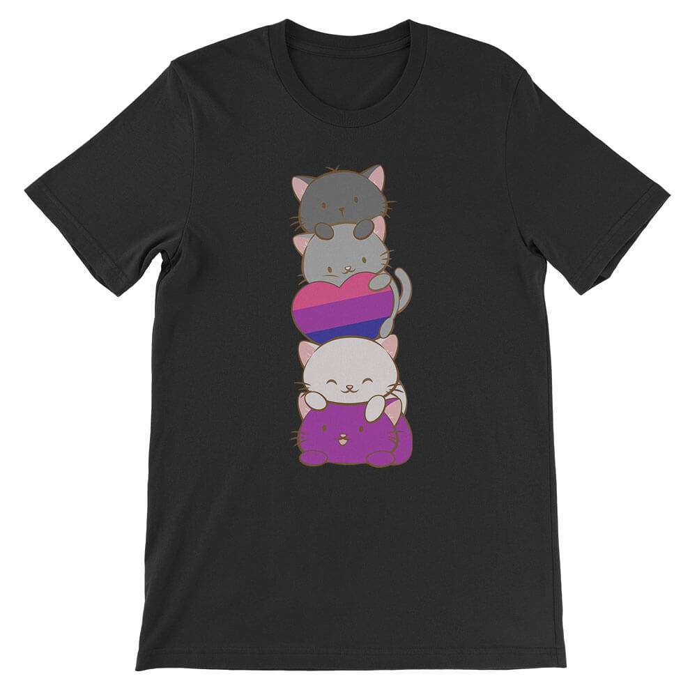 Kawaii Cat Pile Biromantic Asexual Pride T-Shirt - black