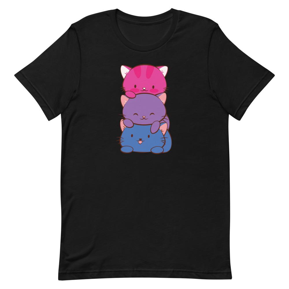 Kawaii Cat Pile Bisexual Pride T-Shirt S / Black