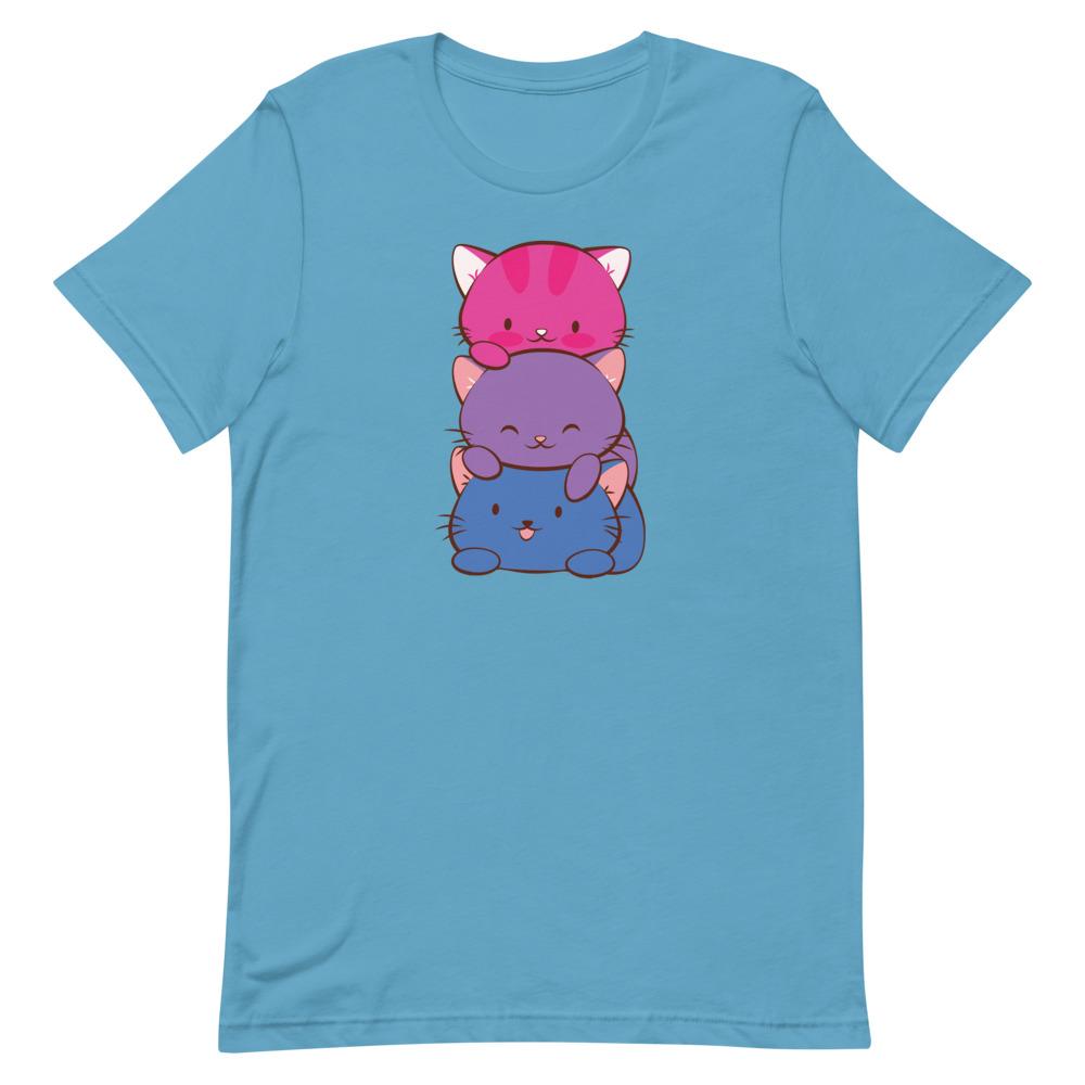 Kawaii Cat Pile Bisexual Pride T-Shirt S / Ocean Blue