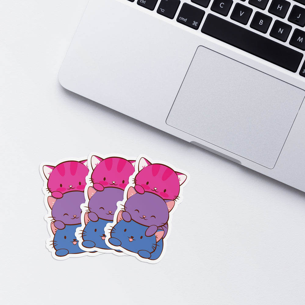 Kawaii Cat Pile Bisexual Stickers with laptop