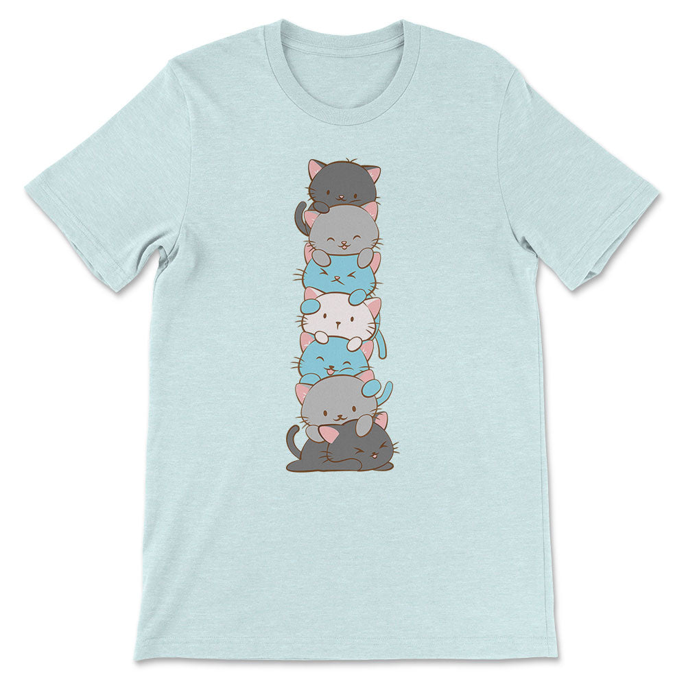 Kawaii Cat Pile Demiboy Pride T-Shirt - Heather Ice blue