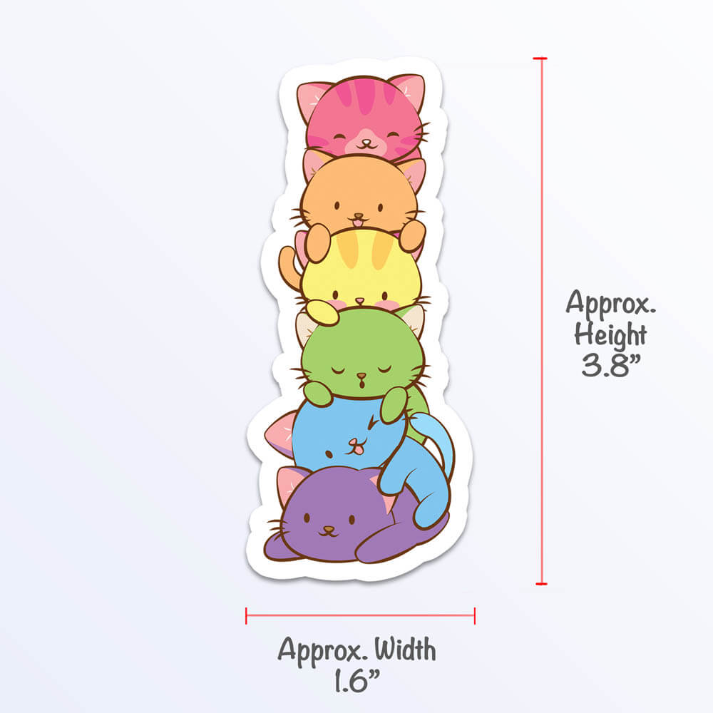 Kawaii Cat Pile LGBTQ Rainbow Gay Pride Sticker Measurement