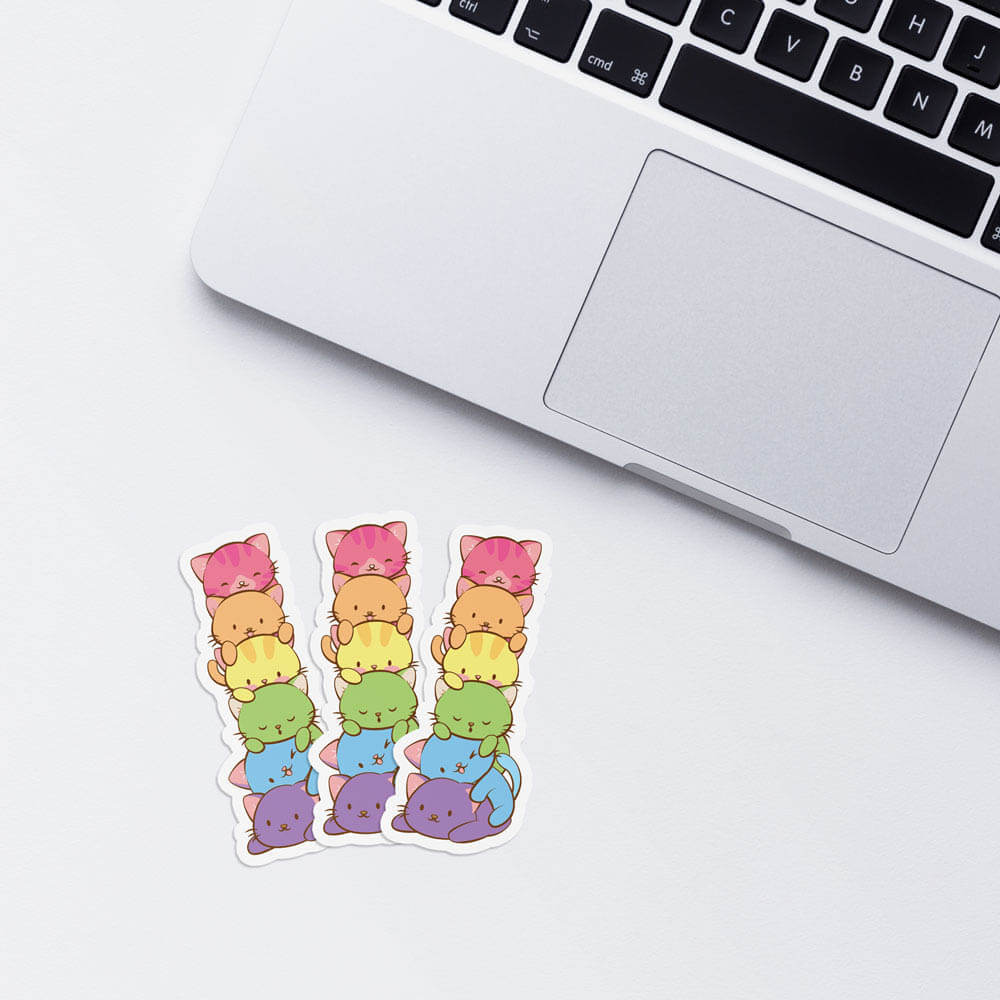 Kawaii Cat Pile LGBTQ Rainbow Gay Pride Stickers with laptop