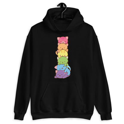 Kawaii Cat Pile Rainbow Gay Pride Hoodie Black / S