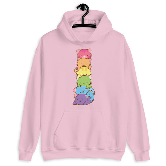 Kawaii Cat Pile Rainbow Gay Pride Hoodie Light Pink / S