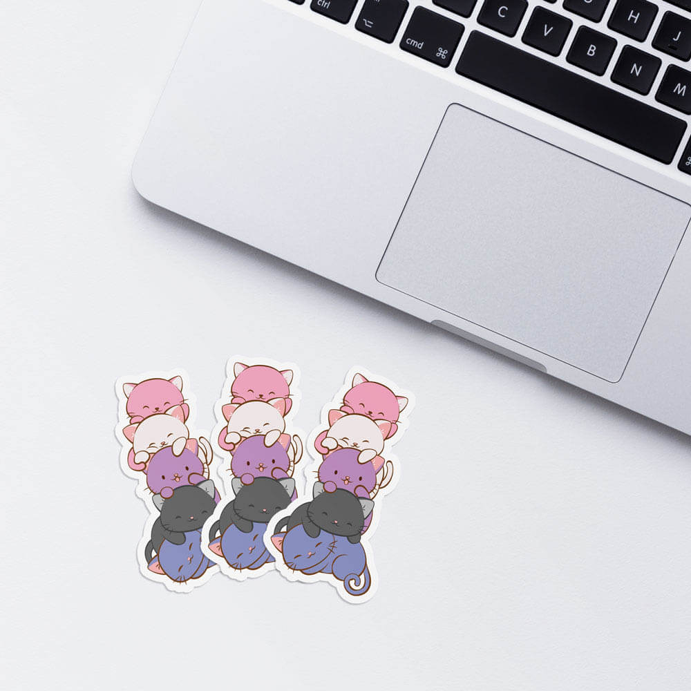 Kawaii Cat Pile Genderfluid Pride Stickers with laptop