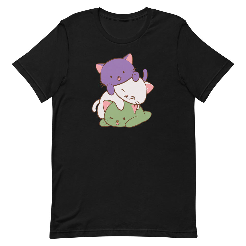 Kawaii Cat Pile Genderqueer Pride T-Shirt S / Black