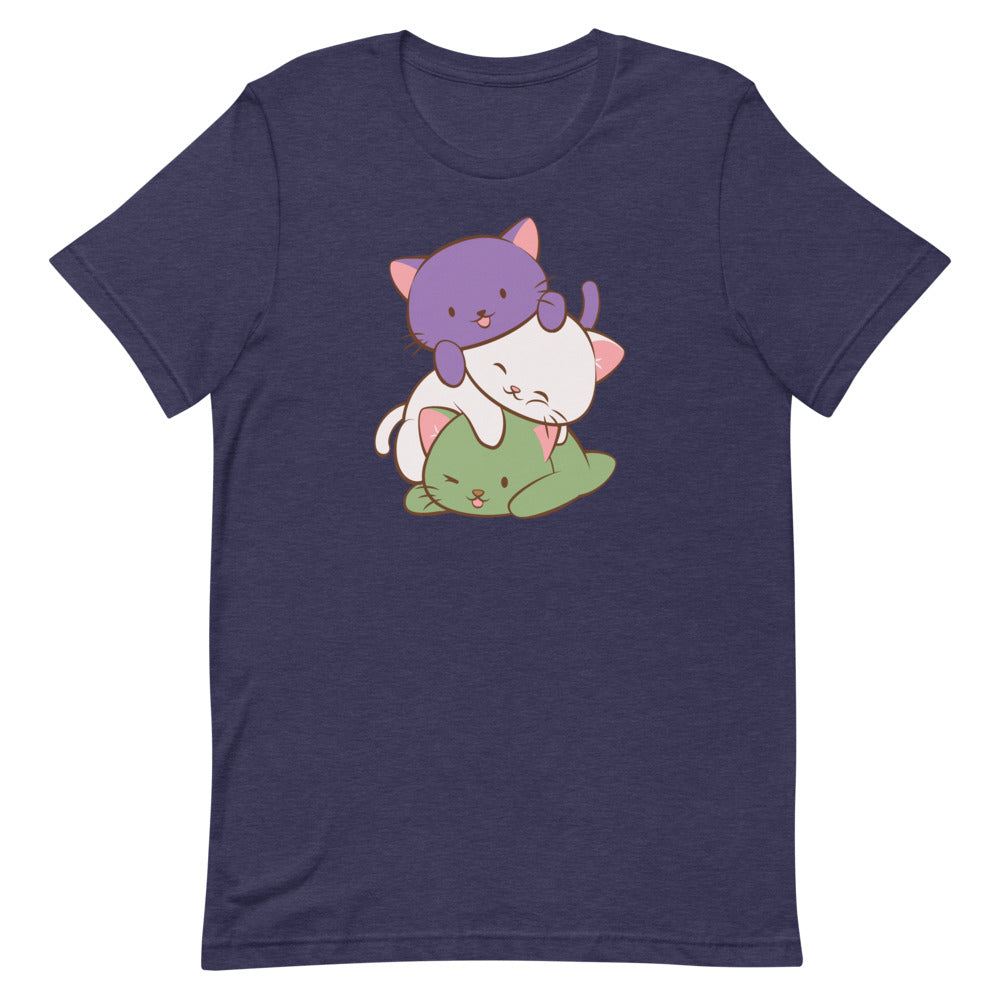 Kawaii Cat Pile Genderqueer Pride T-Shirt S / Heather Midnight Navy