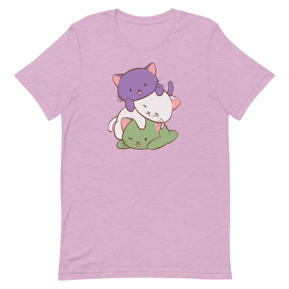 Kawaii Cat Pile Genderqueer Pride T-Shirt S / Heather Prism Lilac
