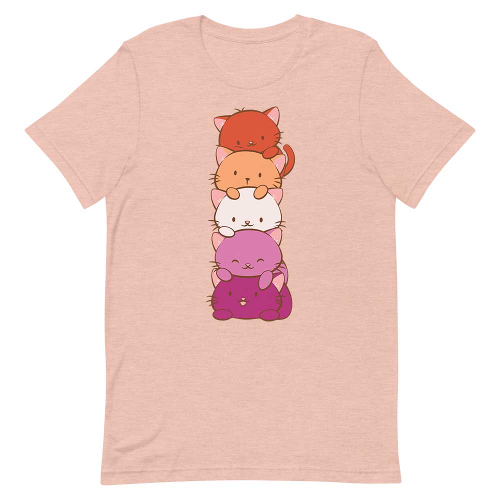 Kawaii Cat Pile Lesbian Pride T-Shirt - Heather Peach