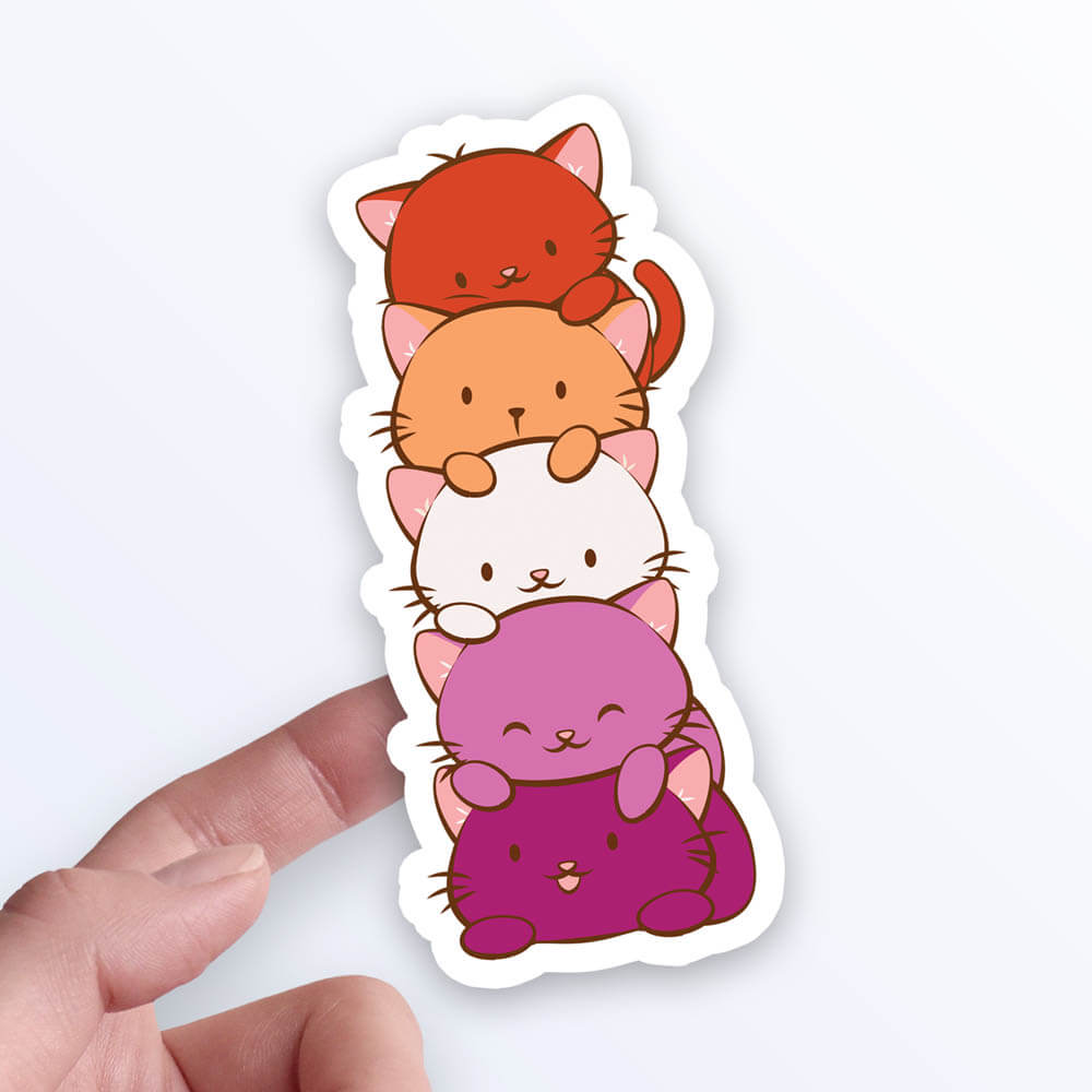 Kawaii Cat Pile Lesbian Pride Sticker on hand